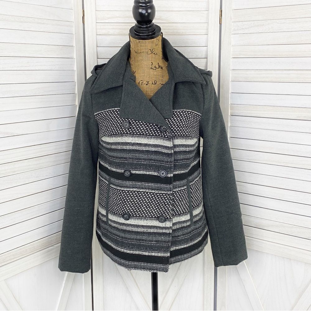 Jack BB Dakota Striped Colorblock Cropped Removable Hood Pea Coat Gray Small